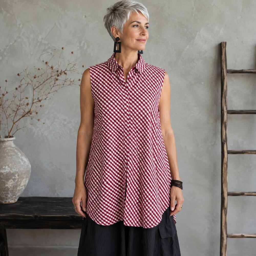 Lafyette 148 Magenta Pink Gingham Sleeveless Top Medium